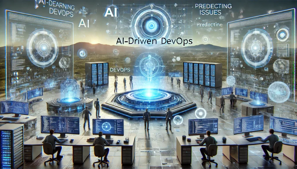 A-wide-landscape-view-of-a-futuristic-DevOps-setting-where-AI-driven-DevOps-is-being-implemented.-The-scene-features-advanced-AI-systems-with-hologra