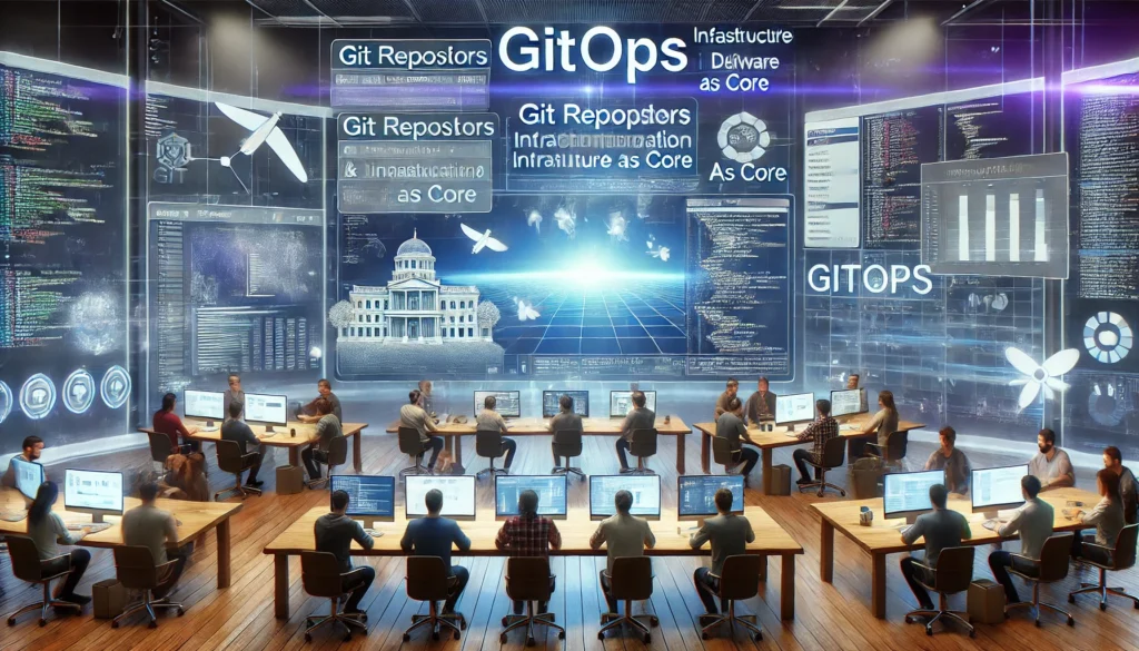 A-wide-landscape-view-of-a-modern-DevOps-workspace-focused-on-GitOps.-A-group-of-developers-and-IT-professionals-are-gathered-around-a-central-table